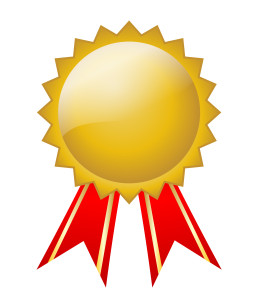 Gold Badge with red ribbon (vector)